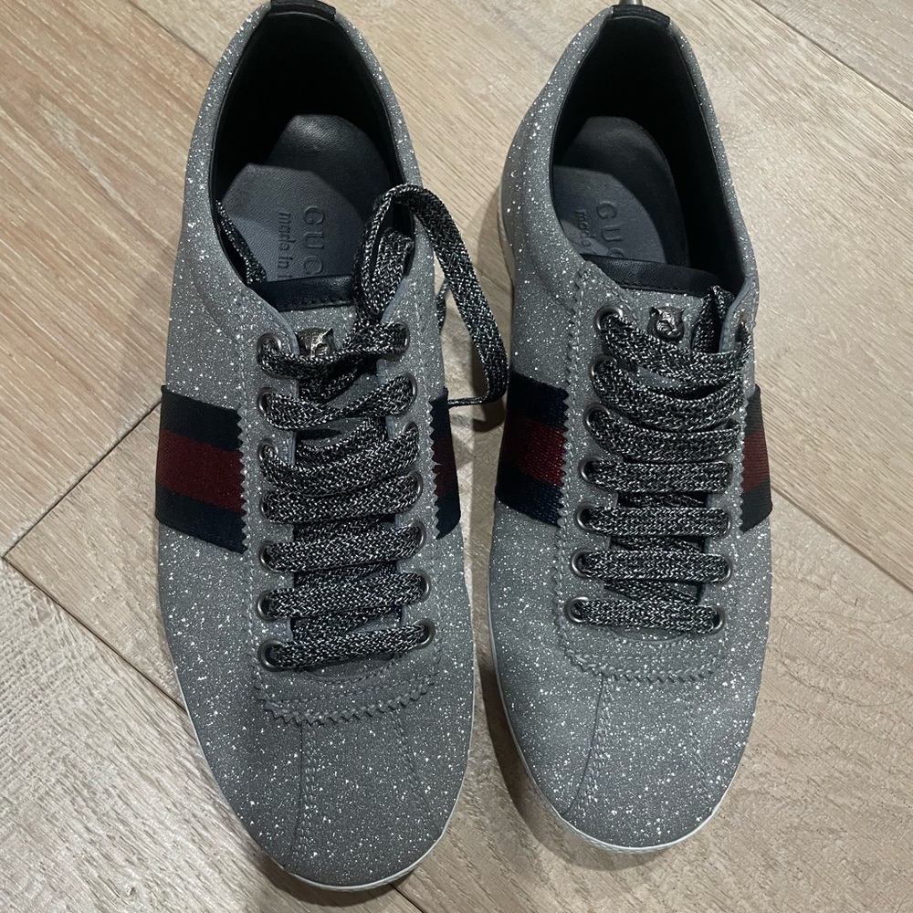 Authentic Gucci silver Glitter Web Sneakers